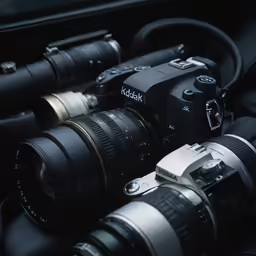 several cameras with different sizes of lenses