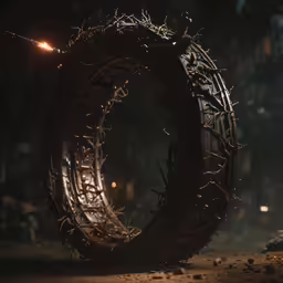 a thorn of twigs sits inside a ring of lights
