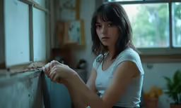 a woman is looking out a window in a dimly lit room