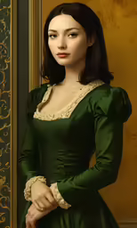 a painting of a woman wearing a green dress
