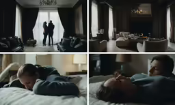 multiple photographs of the same person standing in a living room, one showing people lying on a bed