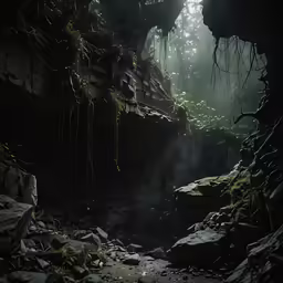 a cave with a path that has moss growing on it