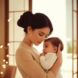 a woman holding a baby with both hands