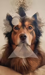 a brown and black dog laying down with a triangular shaped piece in his face