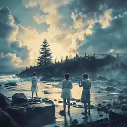 people are standing on the beach looking at the water