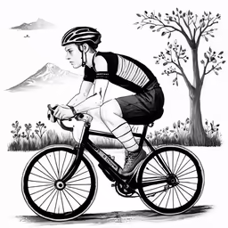 a black and white image of a cyclist riding in front of a mountain range