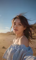 an attractive woman wearing a white shirt standing in a desert