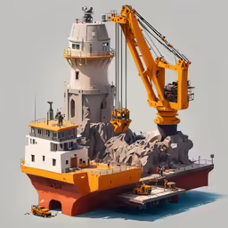 there is a ship being built on top of rocks
