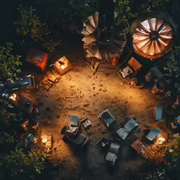 overhead view of a group of chairs and a round table