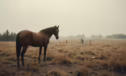 a horse stands in a large open field