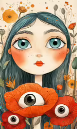 a girl with blue eyes holding a red flower and an orange flower