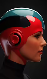 the face of a woman wearing a red headpiece and red ear buds