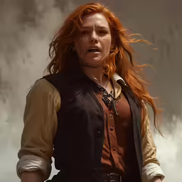 a woman with long red hair in a black vest and boots