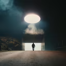a man walking down a road towards a tunnel