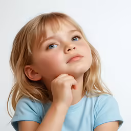 a young girl wearing a blue shirt holds her chin under her chin