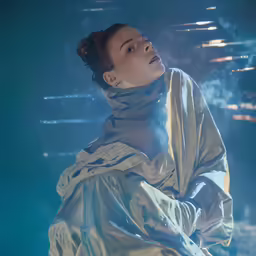 a woman with a coat on is floating under water