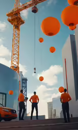 a group of men in orange shirts standing by orange paper lanterns