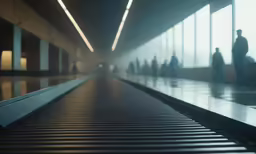 long metal conveyor belt with people walking inside