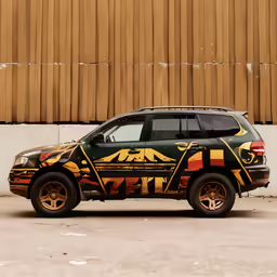 a colorful colored car that is in the parking lot