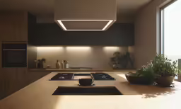 a kitchen with wooden counters and a stove
