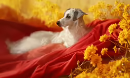 a dog wrapped in a blanket lying under a pile of flowers