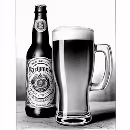 black and white photograph of beer in front of it