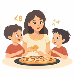 a young woman standing in front of a pizza on a plate