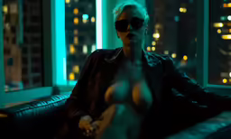 a nude woman in a black leather jacket sitting on a couch