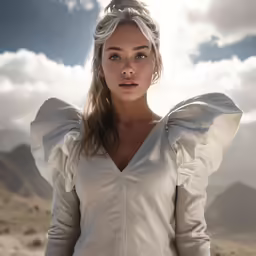 young blonde woman wearing off white shirt standing in desert