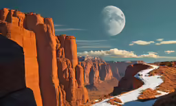 the moon is setting over the mountains on a clear day