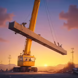 construction cranes, one on a lifting frame, as the sun goes down