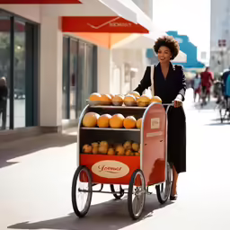 a woman pushes a fruit cart down a city street