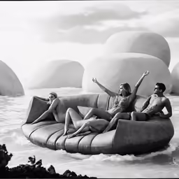 a group of women sitting on a raft in the water