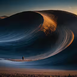 a person is walking out of a wave by the ocean,the person is standing near a large wave in the ocean
