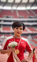 woman in uniform posing with flowers inside an arena