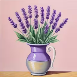 painting of lavenders in a purple vase with green stems