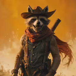 a painting of a racoon with a hat, scarf and guns
