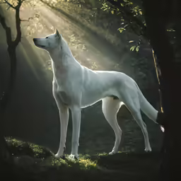 a white dog is standing in the woods and sunbeams