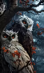 two owls sitting together in a tree with leaves