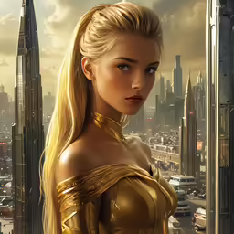 a beautiful woman with a very long ponytail standing on a city