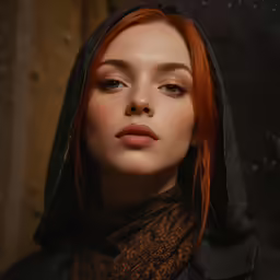 red - haired woman with an elegant makeup is pictured against a stone wall