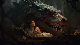 woman on the ground next to giant dinosaur by a tree,the girl sits next to an adult dinosaur in a dark forest