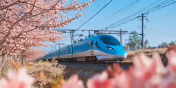 a bullet train is driving near some pink flowers