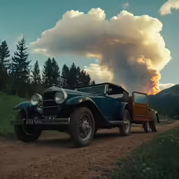 a car is traveling down a dirt road as smoke comes out from the mountains