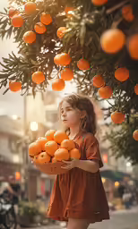 a little girl holding a basket full of oranges