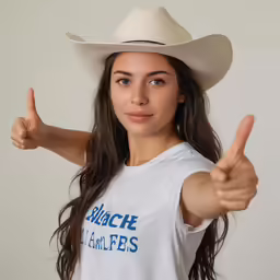 a woman with a cowboy hat gives a thumbs up