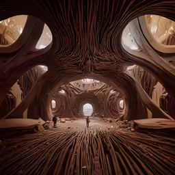 a man walking inside of a tunnel filled with wooden logs