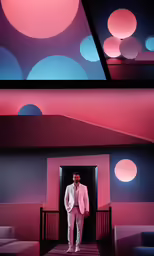 a man in a suit is walking into a bright room