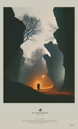 the dark and cold scenery is reflected in the light, in which two people are silhouetted against a background