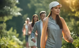 a woman in a dress walking along a forest